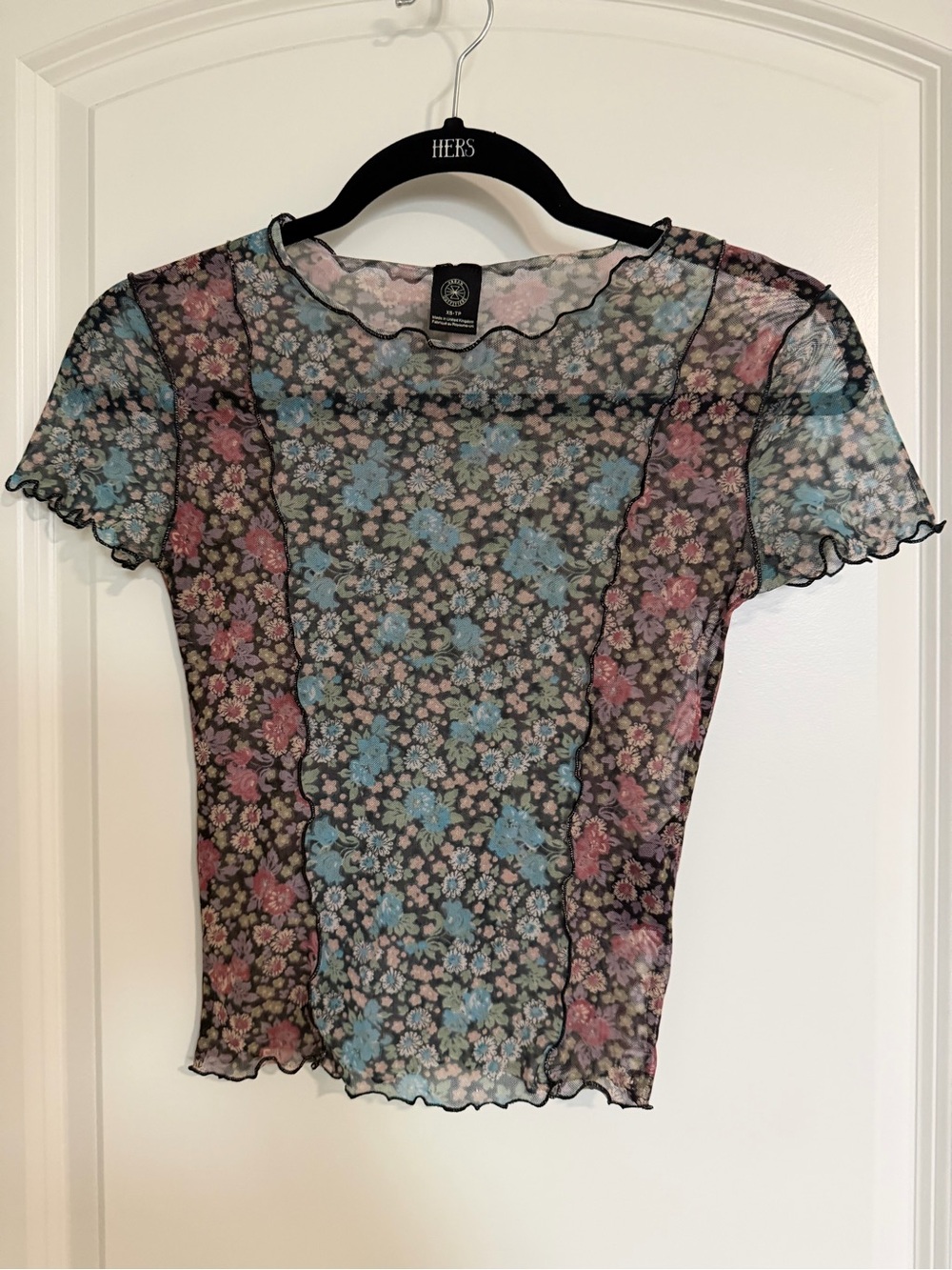 Urban Outfitters Sheer Floral Mesh Tee in Black, Blue & Pink